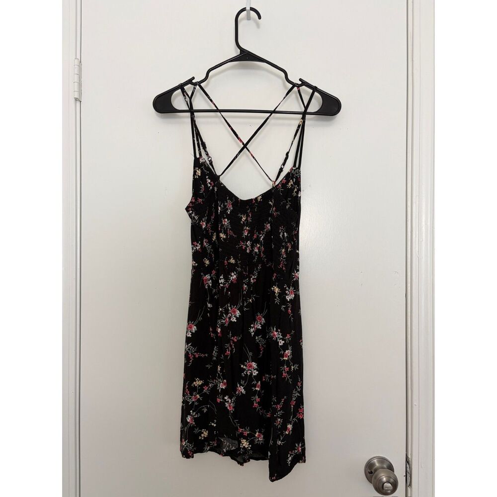 Garage Black Strappy Floral Mini Sundress with Pockets.